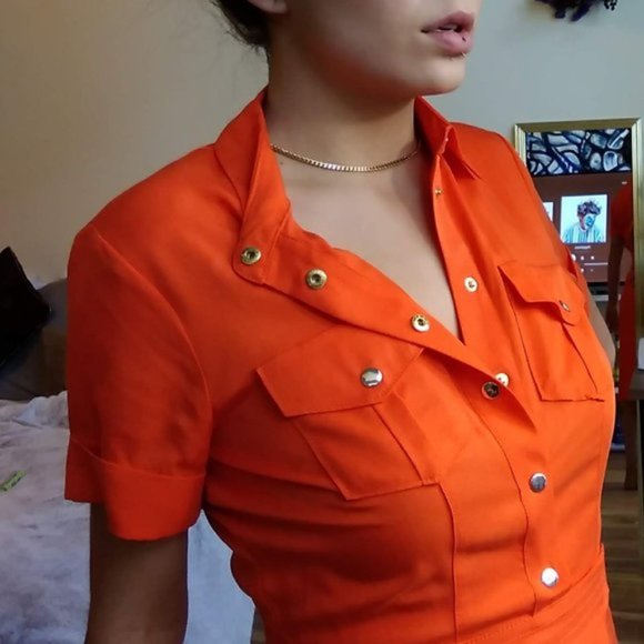 NEW YORK & COMPANY Tangerine Shirtdress XS EUC - Picture 8 of 9